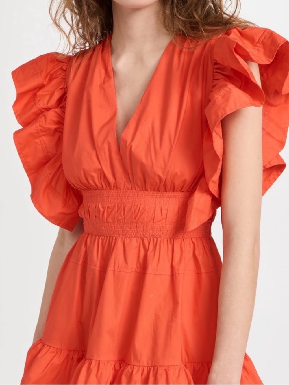 Ulla Johnson Orange Ruffle-Sleeve V-Neck Mini Dress